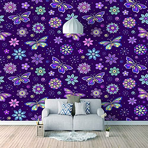 FVGKYS Wandbilder Schlafzimmer Erwachsene Kinder Tapete Plakate 3D Lila Schmetterlingsblume Selbstklebend Wandgemälde Wandtattoo Kunst Dekoration Für Wohnzimmer Küche Wanddekoration 350x256cm