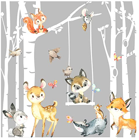 Grandora Wandtattoo Wandsticker Kinderzimmer Tiere Wald Birkenstämme Wandaufkleber Wanddeko Sticker Babyzimmer Spielzimmer Wandbild Kinder Jungs Aufkleber DL760
