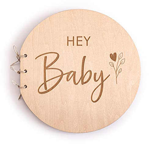 Babyparty Gästebuch mit Holzeinband, Baby Shower Erinnerungsalbum, Hey Baby Gästebuch Babyparty Mädchen und Junge, Geschenke für eine Babyparty, Holz Gästebuch als Baby Shower Geschenk - Mikito