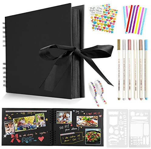 Newthinking Photo Scrapbook with 80 Black Pages, 11.5 x 8.5 Inches Scrapbook Photo Album with Accessories, DIY Couples Memory Scrap Book for Anniversary Wedding Birthday (Black)