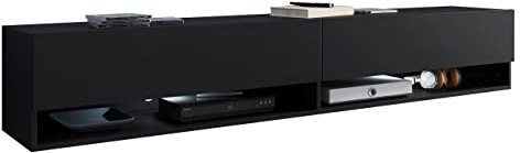 TV Lowboard Jumbo TV Schrank Fernsehschrank, Grifflose Öffnen, Hängeschrank Hochglanz Matt Wohnwand (Schwarz Graphit, Modell: 180 / mit RGB LED Beleuchtung)