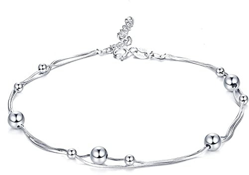 ORAZIO 925 Sterling Silver Ankle Bracelet Multilayer Anklets for Women Heart Round Ball Anklets Adjustable Chain Summer Beach Foot Jewellery Style1