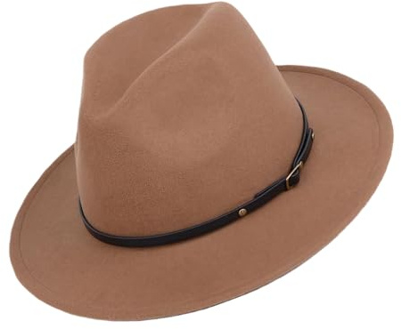 VASANA Fedora-Hut, Unisex, klassisch, breite Krempe, mit Filzschnalle, Panama, Trilby, Kirchenhut, Derby, Jazzkappe, Khaki, Einheitsgröße