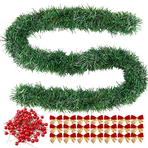 VINFUTUR 4 ×Künstlich Weihnachtsgirlande Grün Grasgirlande + 24 × Weihnachtsschleifen + 100 × Künstliche Rot Weihnachtsbeeren für Weihnachtskranz Weihnachtsbaum Weihnachtsgirlande DIY Basteln Homedeko