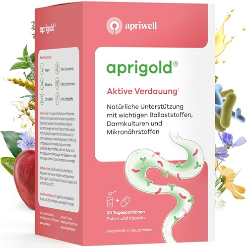Aprigold aktive Verdauung 30 Portionen – Schwung, Regelmäßigkeit & Geschmeidigkeit für Verdauung und Stuhlgang – Mit Ballaststoffen & Darmbakterien – 420g Pulver & 30 Kapseln