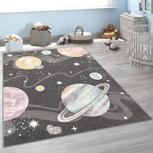 Paco Home Kinderteppich Teppich Kinderzimmer Junge Mädchen Modern Weltraum Planeten Sterne Weich Anthrazit Mehrfarbig, Grösse:200 cm Rund