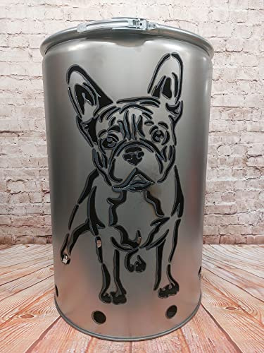 Fuchsbau Feuertonnen Feuertonne mit - Französische Bulldogge - Motiv - Gefertigt aus neuem Ölfass - Besondere Feuerstelle für Garten und Terrasse - Hohe Feuerschale mit Rostoptik - 90 x 60 cm
