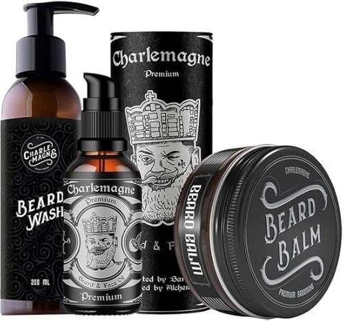 Charlemagne Bartpflege-Set - Bestehend aus Bartöl, Bartshampoo, Bartbalsam & Bartwichse – Barber-Pflegeset Geschenk für Männer – Bartpflege Set für Männer - Beard Growth Kit