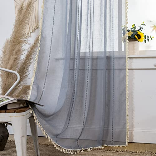 SASIGAYA Gardinen Transparente Boho Blau Voile Vorhänge Quasten 132×214 Durchsichtige Vorhang Dekoschal Vintage Landhausstil Bauernhaus Vorhänge 2 Stück für Modern Küche Wohnzimmer Schlafzimmer
