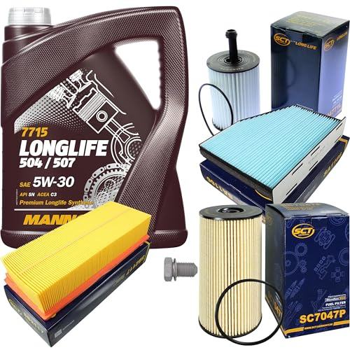 Inspektionspaket Wartungspaket Filterset mit 5 L Motoröl Longlife 5W-30, Ölfilter, Luftfilter, Kraftstofffilter, Innenraumfilter, Verschlussschraube