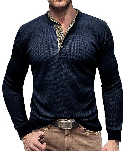 RQPYQF Maglietta da Uomo Manica Lunghe Casuale Henley Shirt Uomo t Shirt Vintage Uomo CS04 Taglia S-XXL (Blu Scuro, L)