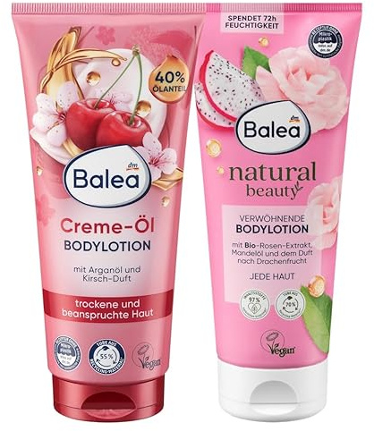 Balea Creme-Öl Bodylotion + Natural Beauty Rose Bodylotion | 2er-Set, 2 x 200 ml, für trockene bis normale Haut, schnell einziehend, mit Arganöl, Mandelöl & Rosenextrakt, vegan, sanft