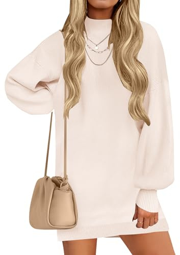 ZESICA Women's 2025 Fall Turtleneck Sweater Dress Oversized Long Lantern Sleeve Casual Knit Pullover Mini Dresses Apricot Medium