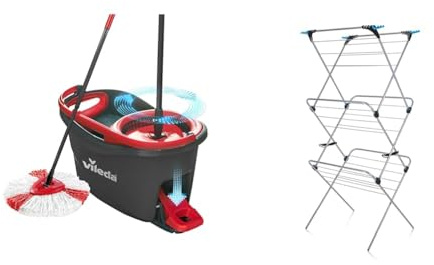 Vileda Turbo Microfibre Mop and Bucket Set, Spin Mop for Cleaning Floors, Set of 1 Mop and 1 Bucket & Minky 3 Tier Plus Clothes Airer