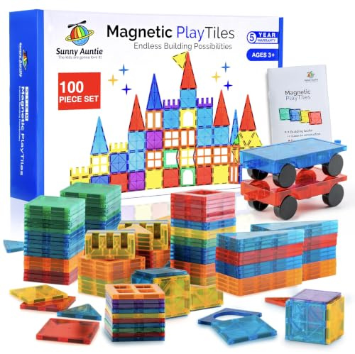 SUNNY AUNTIE 104 pc Light Up Magnetic Building Tiles STEM Construction Set | 100 Magnetic Tiles + 4 LED Light-Up Pieces, AAA Battery-Powered, ASTM-Tested, Compatible with Existing Tile Sets