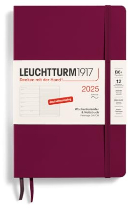 LEUCHTTURM1917 370521 Wochenkalender & Notizbuch Paperback (B6+) 2025, Softcover, Port Red, Deutsch