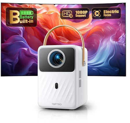 Portable Projector【Built-In Rechargeable Battery & APPs】Mini Home Projector with Prime Video, Dis+, Auto Keystone Electric Focus, FHD 1080P, WiFi Bluetooth Outdoor Projectors for RV, Camping, Garden