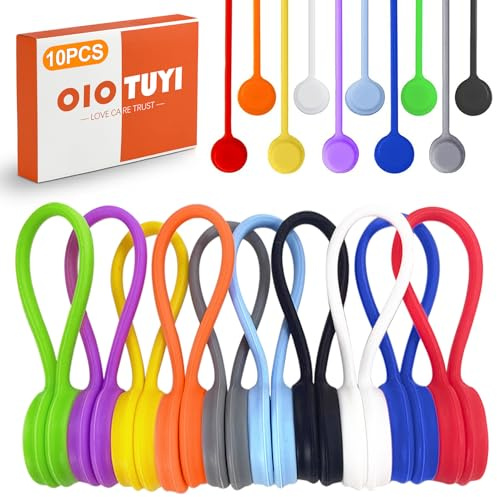 OioTuyi 10 Stück Wiederverwendbare magnetische Silikon Kabelbinder, Organisieren und Kabelmanagement, 10 Farben, Multifunktionale Magnet Kabelorganizer