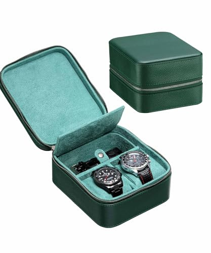SYENS 2 Uhren Reiseetui mit Zubehörfach, Top-Grain Leder Uhrenrolle Tragebox für Männer | Robuste tragbare Schutz Reißverschluss passen alle Armbanduhren & Smart Watches bis zu 60mm (2+1GR)
