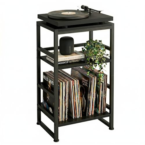 ZEXVIDA Soporte para tocadiscos de vinilo de 3 niveles, mesa auxiliar para almacenamiento de álbumes, soporte de tocadiscos de 28 pulgadas de alto con almacenamiento para hasta 120 álbumes, mesa