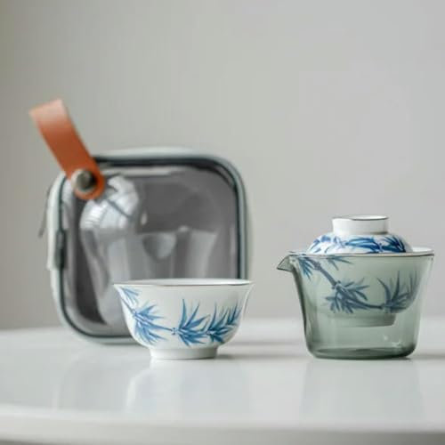 CIVIOOH Blau-weißes Bambus-Teeservice-Set, Japanisches Teeservice mit 1 Kanne und 1 Tasse, für den Haushalt, Picknick, Outdoor, tragbare Reisehandtasche