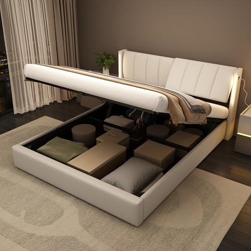 Ymkua Polsterbett Doppelbett 160x200 cm, Jugendbett Bett mit Stauraum und LED-Beleuchtung, Stauraumbett mit USB-Port und Lattenrost, Hydraulisch Bettgestell mit Kopfteil, PU, Weiß, Ohne Matratze