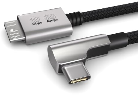 PAXO 0,2 m di cavo da USB C a Micro-B da 10 Gbps, connettore angolato a 90°, USB 3.2, cavo per disco rigido, cavo per HDD USB, SSD, NVME, nero