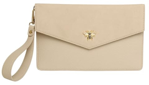 Alice Wheeler Bee Envelope Clutch Evening Bag – Faux Leather & Suede – Detachable Wrist Strap – Gold Bee Fitting – Magnetic Closure – Elegant Party Bag – 24 x 16 x 1 cm (Stone)
