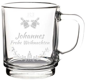LUXENTU Glühweintasse mit personalisierter Gravur, Teeglas 250 ml, Geeichter Glasbecher bei 0,2 Liter, Wichtelgeschenk-Idee, Motiv: Glockenkranz, 1 Stück