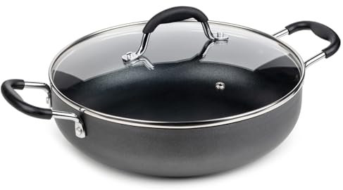 THEGA Non Stick Aluminium Shallow Casserole, Sauté Pan With Lid, Braising Stock Pot Pan, 30 Cm, Home Steak Frying Pan, Cooking Pot With Non-Stick Coating For All Stoves