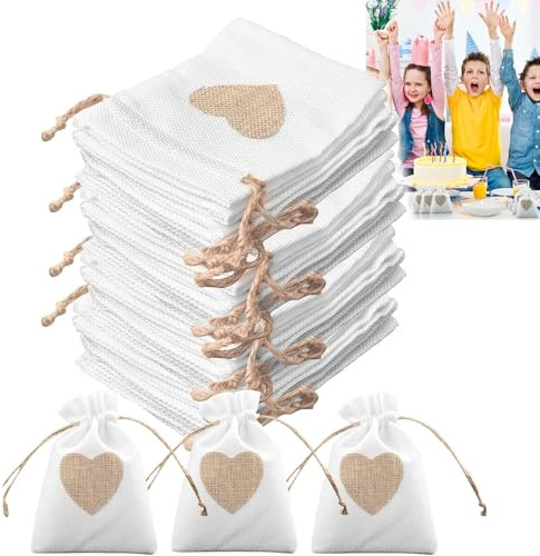 Jutesäckar små, 24 stycken påsar 10 x 14 cm bomullspåse med dragsko natur presentpåsar med hjärta jutepåse för fyllning linnepåsar för smycken gör-det-själv bröllop fest (vit)