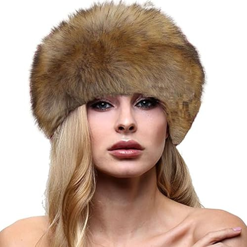 Acrawnni Damen-Kappe aus Kunstfell, russisch, dick, warm, warm, Skimütze, flauschig, Ohrenschützer, S, Braun, Einheitsgröße