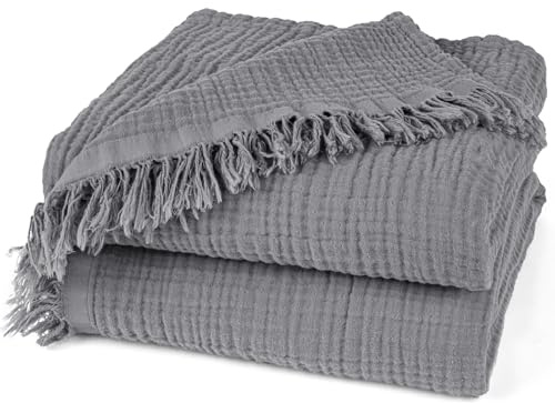 Pure Label Musselin Tagesdecke 220x240 Anthrazit aus Baumwolle | Oeko-Tex zertifizierte- 3-lagige Musselin Kuscheldecken für Couch & Sofa