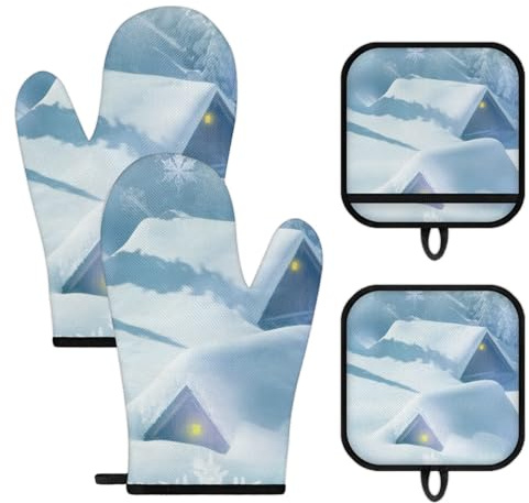 Snow Hut Oven Mitts and Potholders, Non-Slip Heat Resistant Soft Lining Good Grip Oven Mitts Set for Cooking BBQ Baking Kitchen Microwave (4-Piece Set)