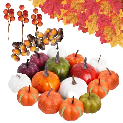 Aniepaa Decoration Automne Citrouille 59 Pcs, Feuilles Citrouille de Décoration, Feuilles D'érable Glands Pommes Pin Citrouilles Baies Rouges Deco Automne à Thanksgiving Halloween (Orange)