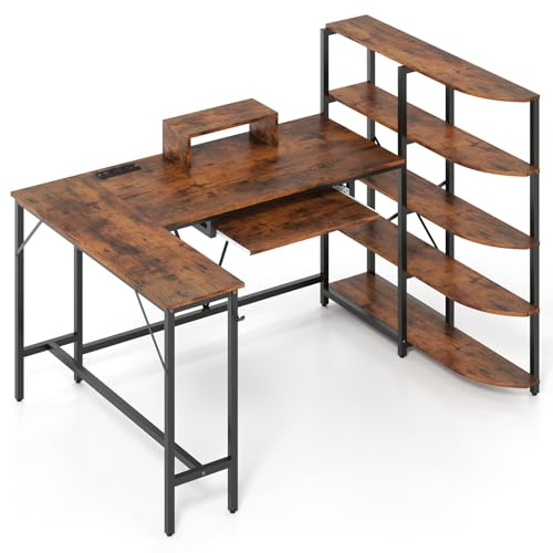 GYMAX Escritorio Gaming Angular de 160 x 108 cm, Escritorio en Forma de L, Mesa para Ordenador con Estación de Carga, Bandeja para Teclado, Estantería de 5 Niveles, Gancho (Marrón Rústico + Negro)