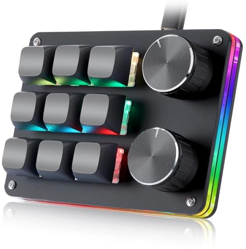 Koolertron 9 Tasten Programmierbare Tastatur Tragbar Mini mit 2 Drehknopf | Vollständig Anpassbare Makro Tastatur mit RGB-Beleuchtung, 6 Ebenen einstellbar, Gaming Tastatur für Spiele Büro Medien Musik