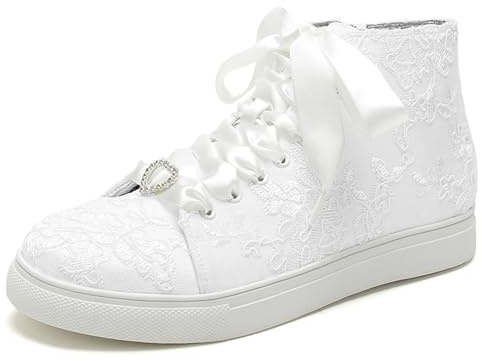 HFWXYSA Scarpe da Sposa Alte Donna Scarpe Da Sposa Scarpe Da Ginnastica Appartamenti Scarpe Da Sposa Tennis Cutout Pizzo Sneakers Casual, Bianco, 36 EU