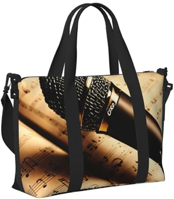 Borsa a mano da viaggio con microfono con stampa di note musicali, leggera, pieghevole, per viaggi di fine settimana, vacanze, aereo