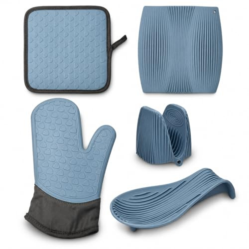 GEM+ | 5 Piece Silicone Oven Mitts and Pot Holders Set – Heat Resistant Oven Glove, Pot Holder, Trivet, Spoon Rest and Pinch Grip for Hot Pans, Baking Trays and Kitchen Cooking, Grey Blue