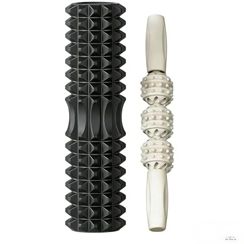 Fasciarulle (45 * 12cm), en fitnessrulle som används for självmassage av rygg och ben, effektiv massagerulle for funktionell träning, med massagestav(Black)