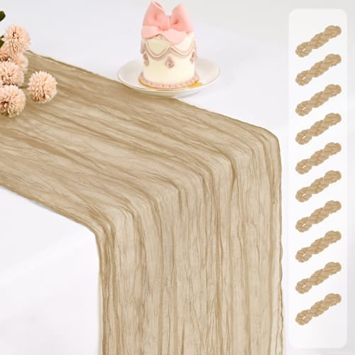 Pesonlook Lot de 10 Chemins de Table en étamine Beige pour Mariage | 45 × 275 cm,Longs chemins de table semi-transparents pour mariage, enterrement de vie de jeune fille et anniversaire