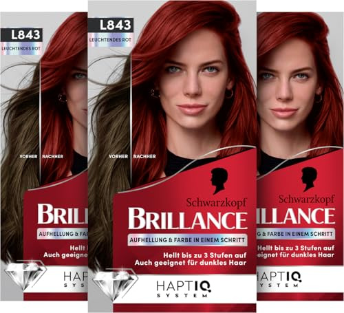 Schwarzkopf Brillance Intensiv-Color-Creme L843 Leuchtendes Rot (3x 170 ml), Permanente Haarfarbe mit perfekter Grauabdeckung, Coloration mit pflegendem Biotin-Komplex für bis zu 12 Wochen Farbintensi