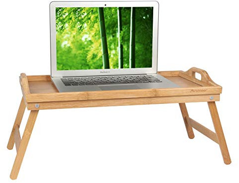 Mesa de cama con patas plegables, sirve el desayuno en la cama o úsalo como mesa de TV, bandeja de computadora portátil, bandeja de aperitivos