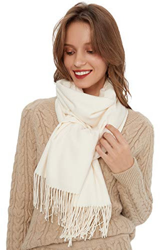 MaaMgic Schal Damen Warm Winter Herbst unifarben Baumwolle mit quasten/fransen, 20+ Farben Einfarbig & Kariert Pashmina Stola Schals MEHRWEG,Sahneweiß NICHT reinweiß