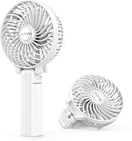 Funme Mini Handheld Fan USB Electric Portable Fan Outdoor Rechargeable Personal Fan Battery Powered 180° 3 Speeds Foldable Desk Cooling for Desktop School Office Home Travel Camping -White