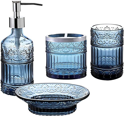 WHOLE HOUSEWARES | Badezimmer-Set | 4-teiliges Badezimmer-Accessoires-Set | Seifenspender, Tablett, Glas, Zahnbürstenhalter | Mosaikglas (blau)