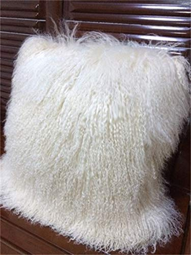 yingda1992 Mongolian Lamb Fur Throw Pillow Cover (16'' x 16'', White) Real Fur Decorative Cushion Cover Pillow Case for Living Room Bedroom