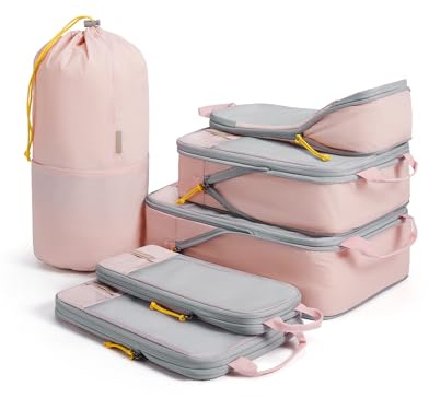 BAGSMART Compression Packing Cubes for Suitcases & Backpack, 6 Set Travel Organisers Bags with Label Pocket for Luggage, Travel Essentials, Holiday & Camping Accessories, Baby Pink
