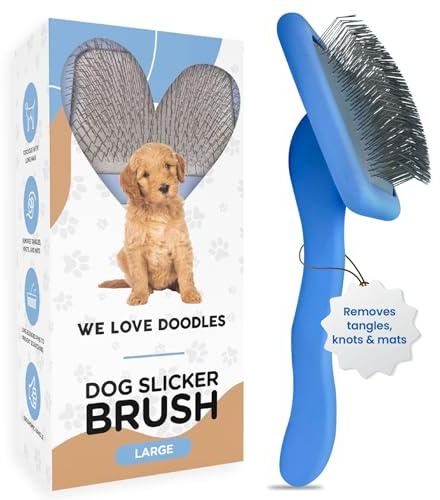 Slicker Brush for Dogs, Dog Grooming Supplies - Best Doodle & Poodle Brush for Haired Dogs - Goldendoodle Pin Detangler for Dematting (Large Curved)